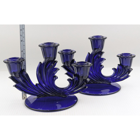 Fostoria Glass Baroque Regal Blue Cobalt 3 Light Candlestick Set of 2 Rare #2496 - Picture 11 of 12